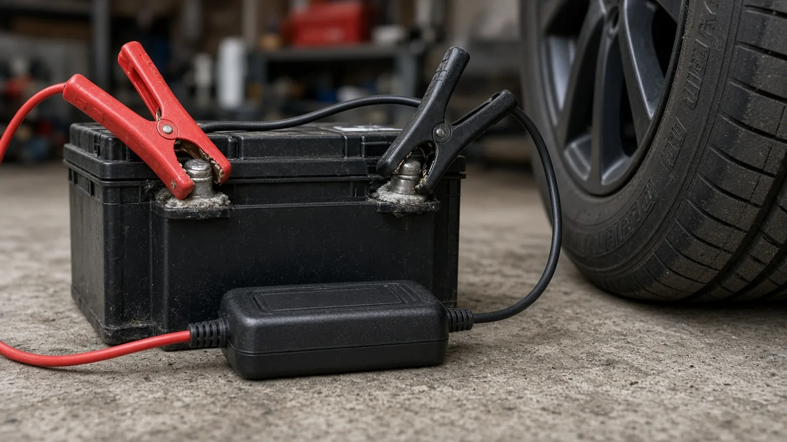 A charger lead clamped to a car battery beside a wheel