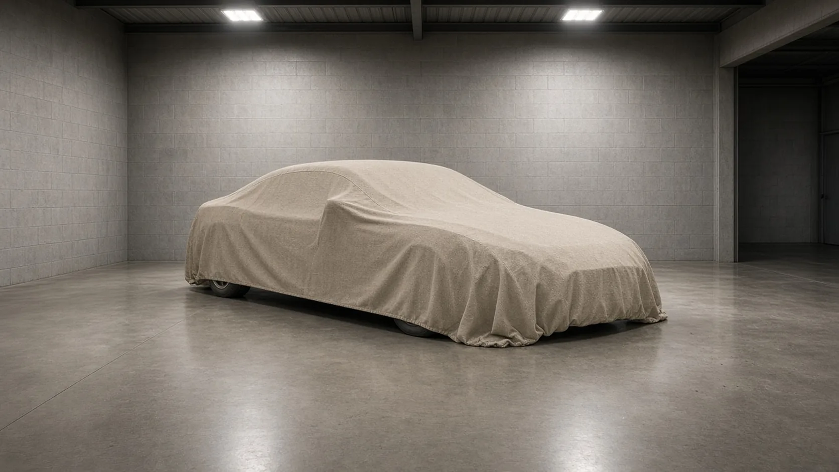 A covered car in an empty indoor storage bay