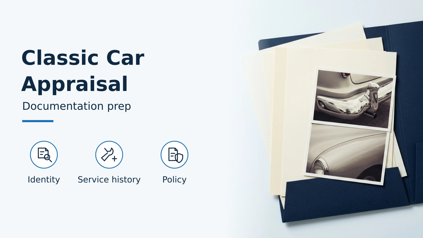 Classic car appraisal documents arranged beside identity, service history and policy icons