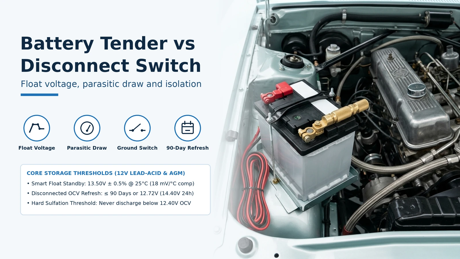 Infographic banner comparing a smart battery tender and a negative battery disconnect switch beside a classic car engine bay with a 12-volt battery and brass disconnect switch