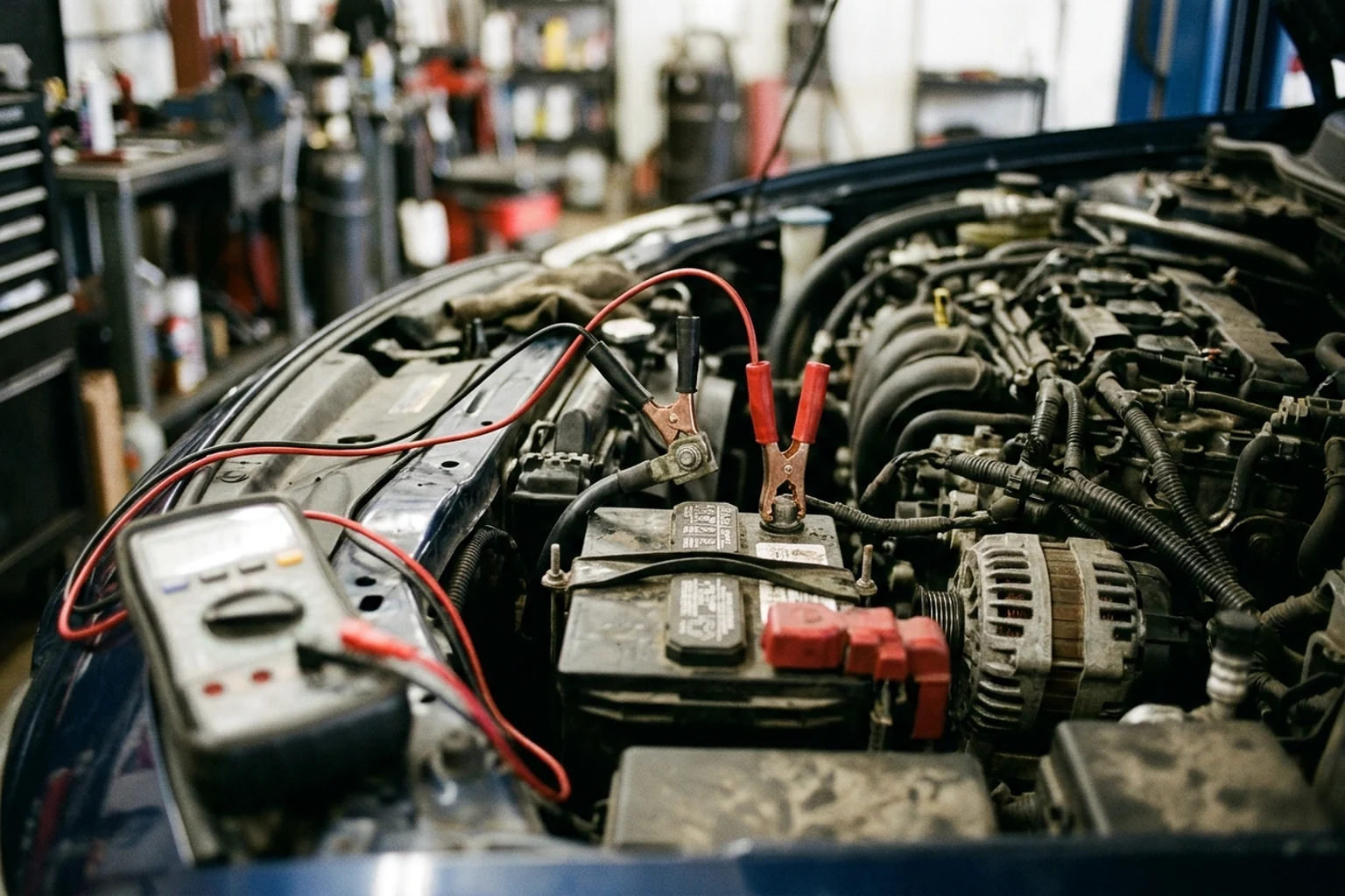 Red and black test leads connected in series between a detached negative battery cable clamp and the bare negative terminal post of a car battery in a workshop bay, with a digital multimeter resting on the fender
