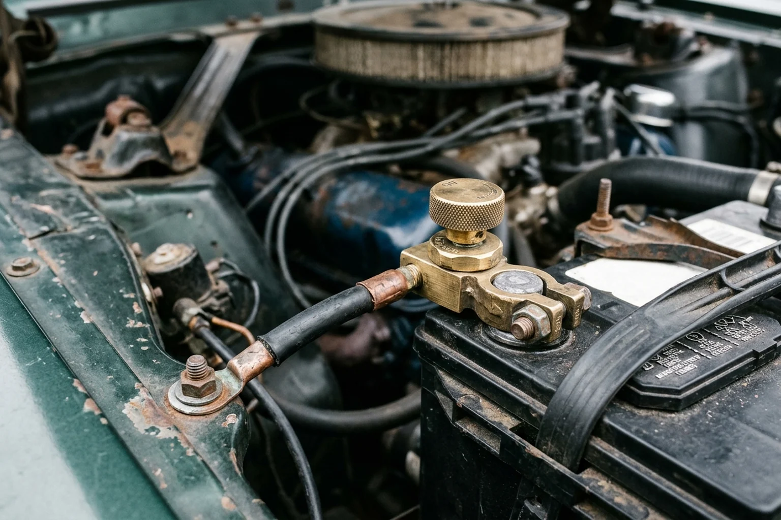 Close-up of a heavy-duty machined brass rotary battery disconnect switch mounted on the negative terminal post of a classic car battery, with a thick black ground strap bolted to the steel inner fender
