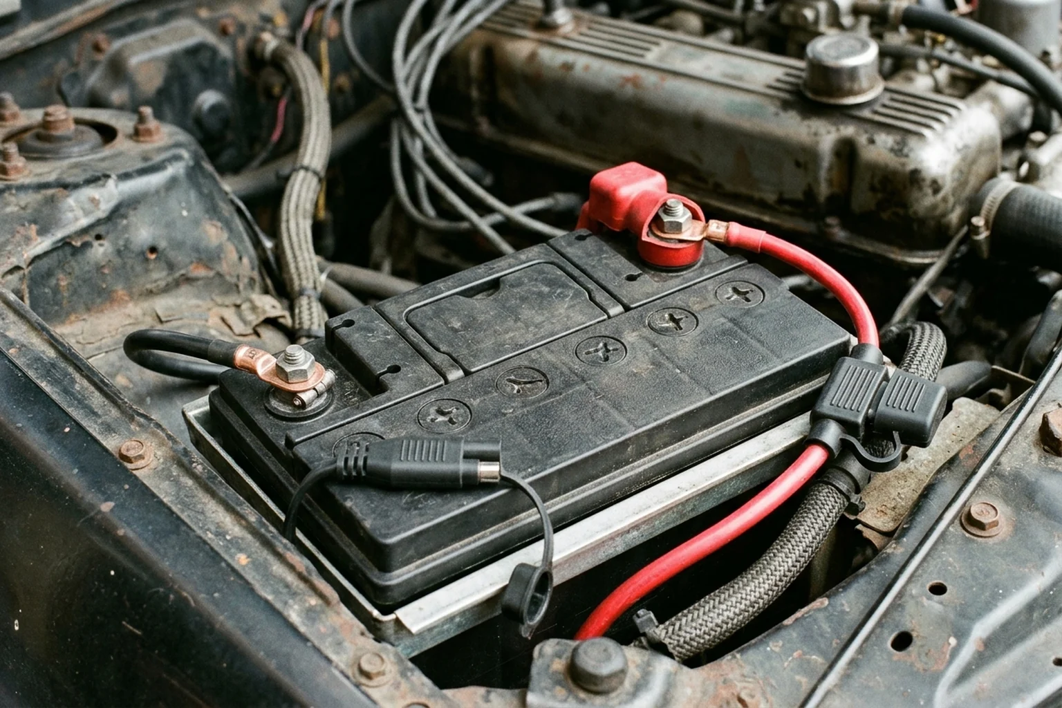 Close-up of a 12-volt classic car battery with copper ring-terminal leads bolted to the positive and negative posts, an inline weatherproof blade fuse holder on the red wire, and a two-pin DC quick-disconnect plug