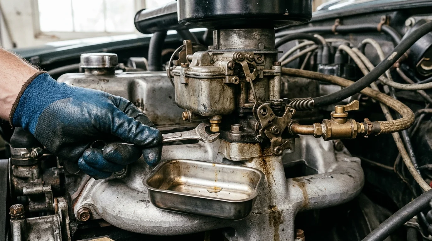 Mechanic wearing a work glove holding an open-end wrench on the brass float-bowl drain plug screw of a vintage cast-metal carburetor with an inline brass fuel shutoff valve above a stainless steel catch tray