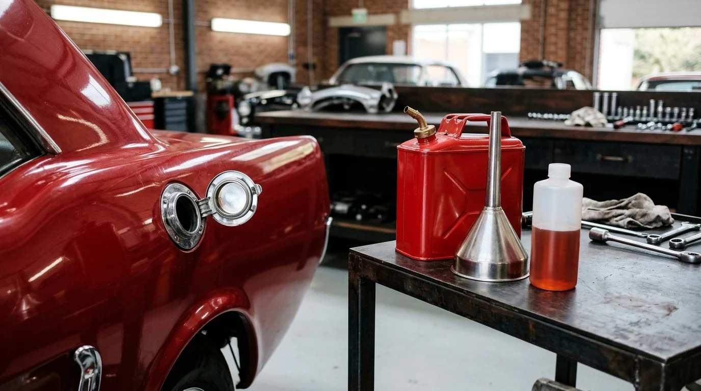 Open chrome fuel filler neck on a vintage classic car beside a red metal safety fuel can, a stainless steel funnel, and a clear dosing bottle of amber fuel stabilizer