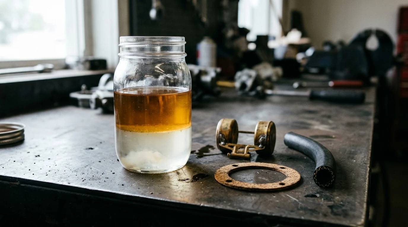 Clear glass jar on a dark steel workbench showing phase-separated fuel with an amber upper gasoline layer and a cloudy bottom water-ethanol layer beside a brass carburetor float, a cork gasket, and black rubber fuel hose