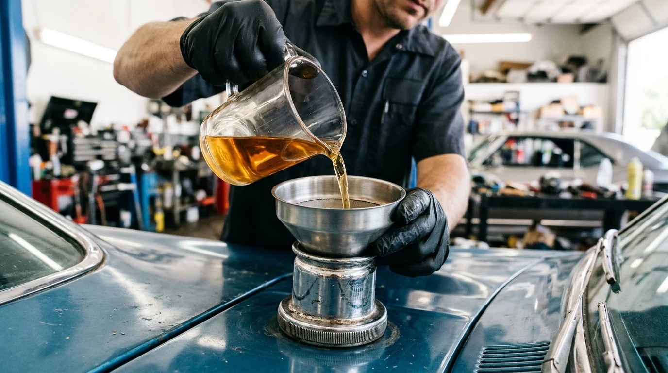 Mechanic wearing black nitrile gloves pouring amber liquid fuel stabilizer from a clear glass measuring pitcher through a stainless steel funnel into the chrome fuel filler neck of a classic car