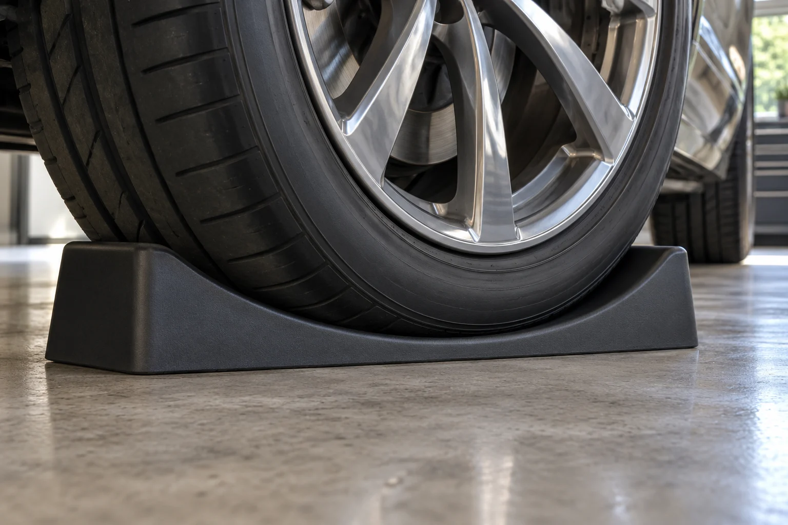 Wheel seated in a curved black storage pad on a garage floor