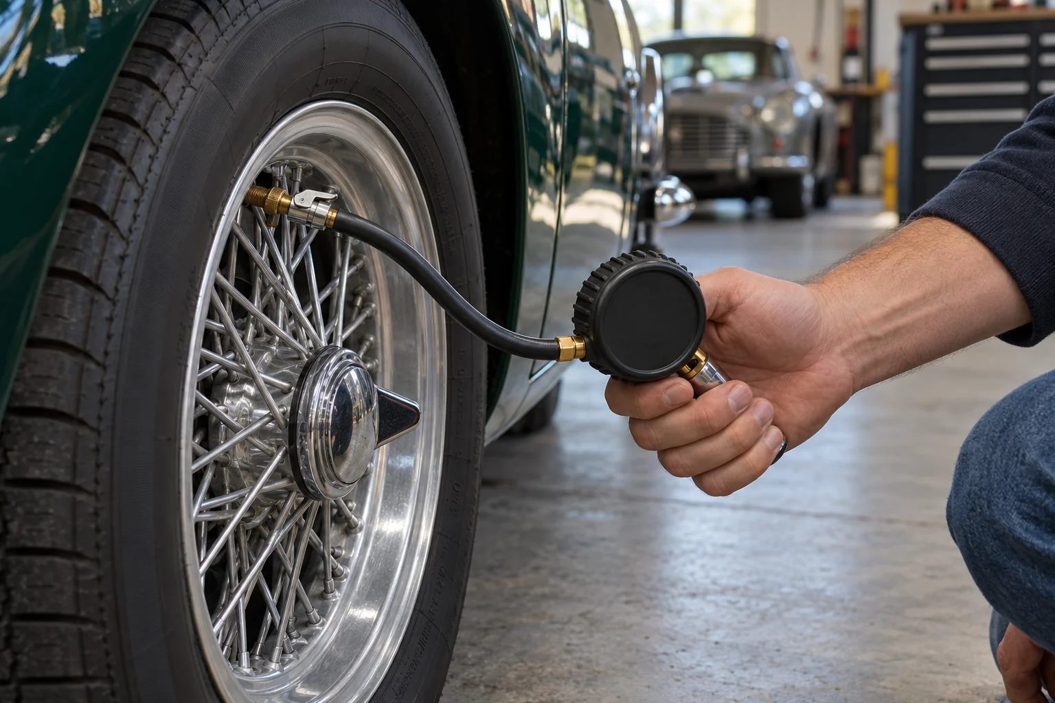 Handheld gauge and hose connected to a collector-car wheel