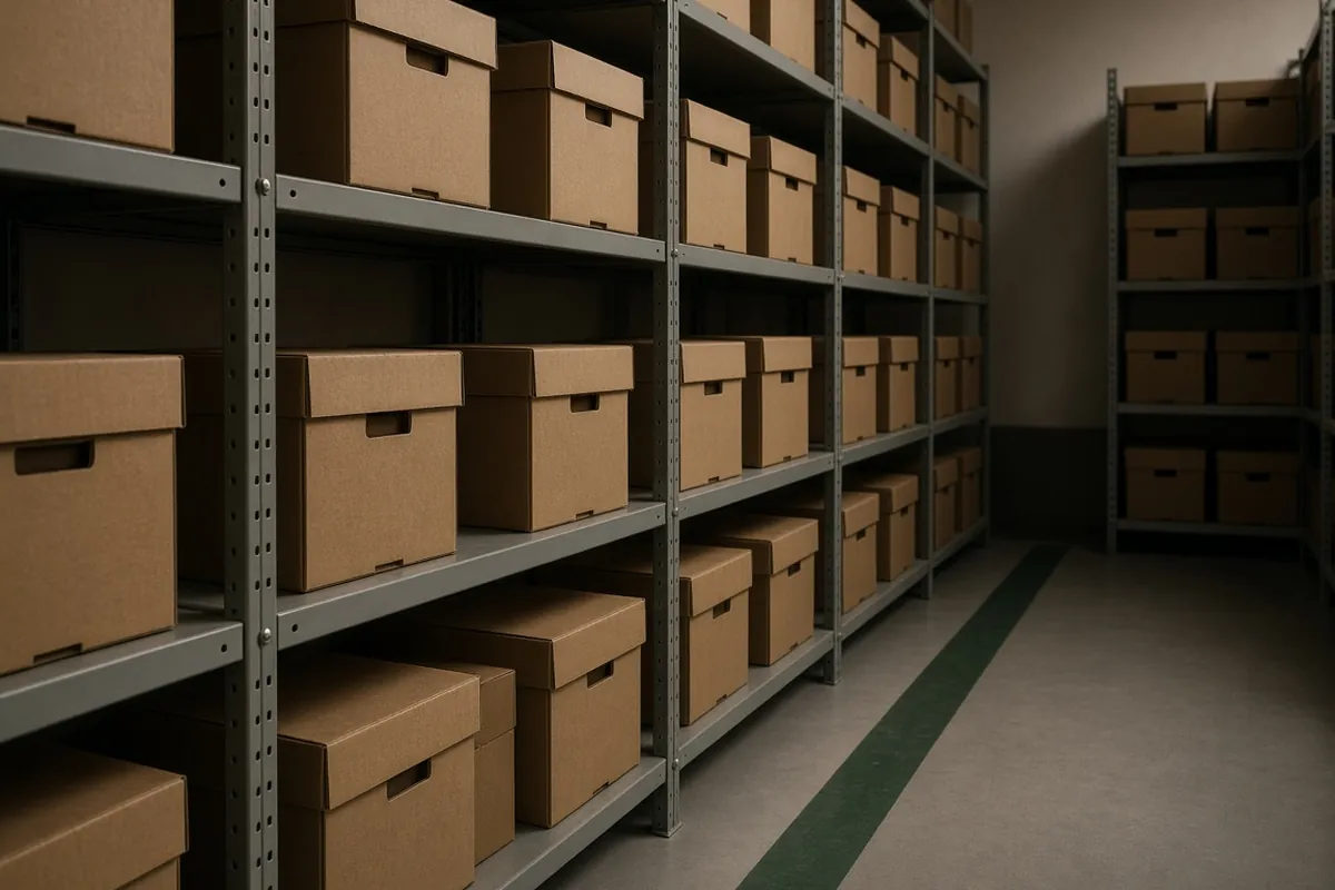 Plain kraft boxes on metal shelves in an empty aisle