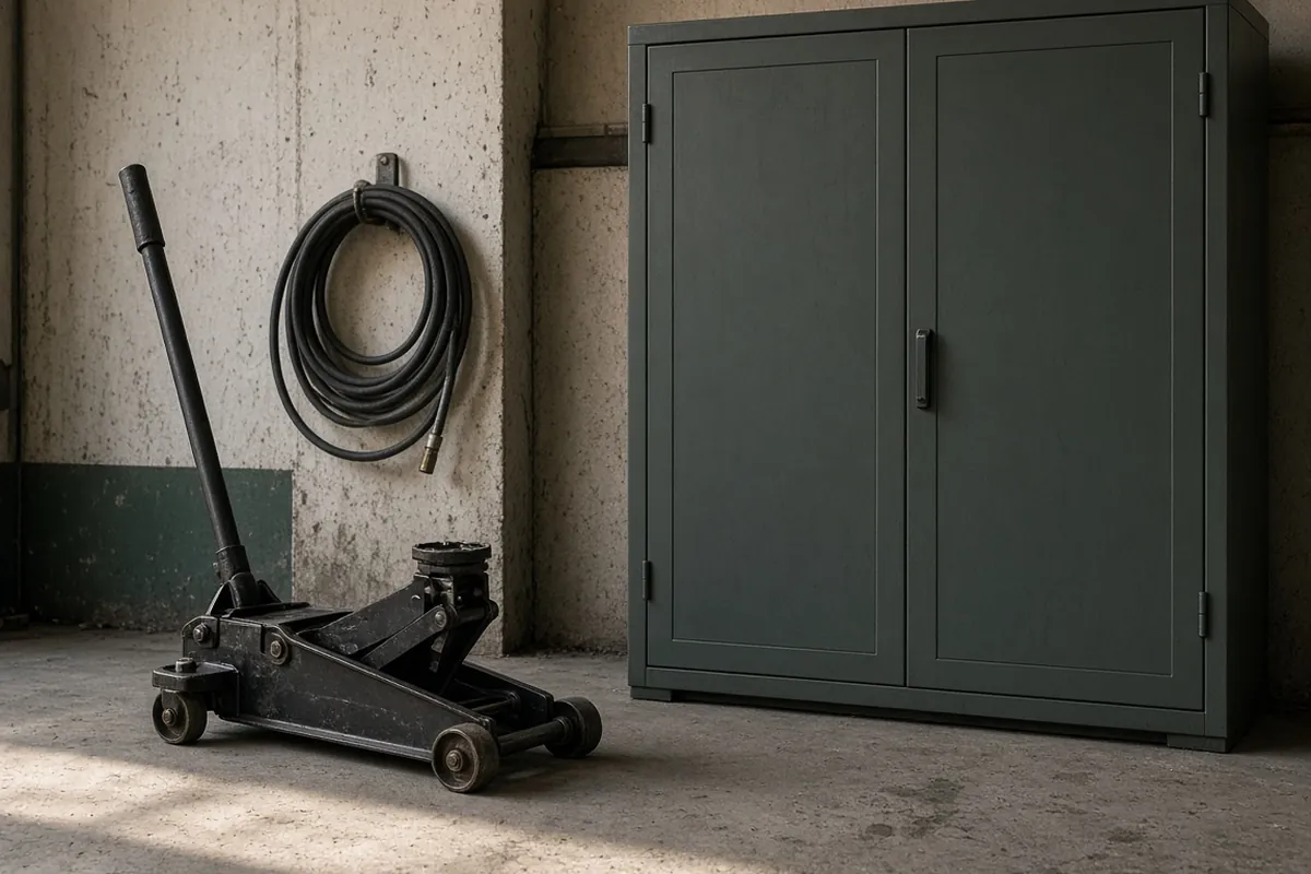 A floor jack, a coiled hose and a closed steel cabinet