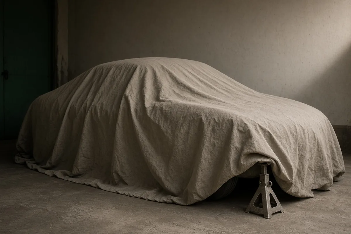 A car under a plain cloth cover in a garage, with a steel jack stand