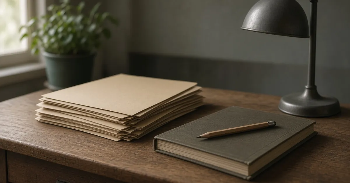 A wooden desk with unlabeled folders, a closed ledger and a lamp