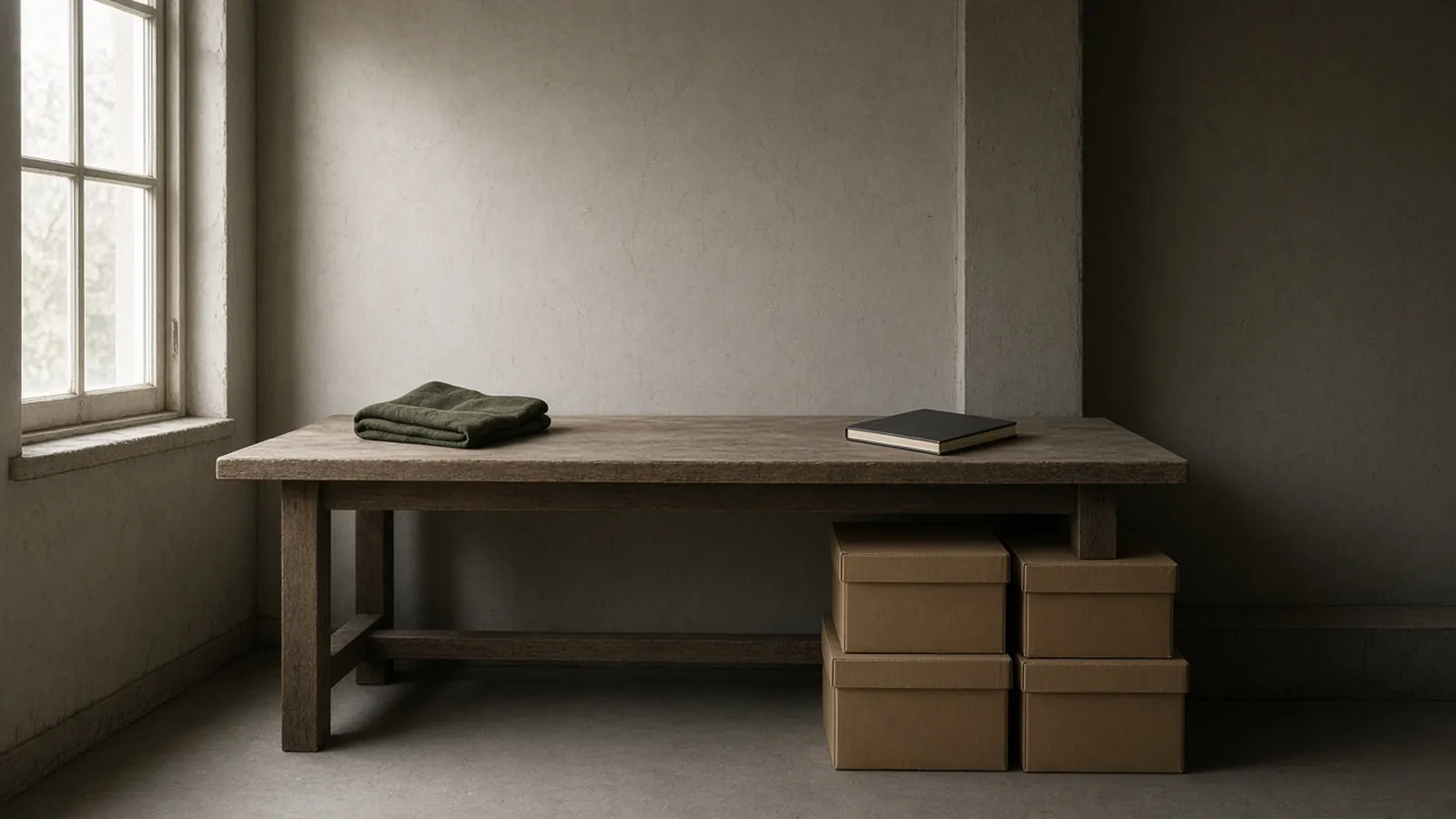 A wooden bench, a folded cloth, a closed notebook and plain boxes in an empty garage