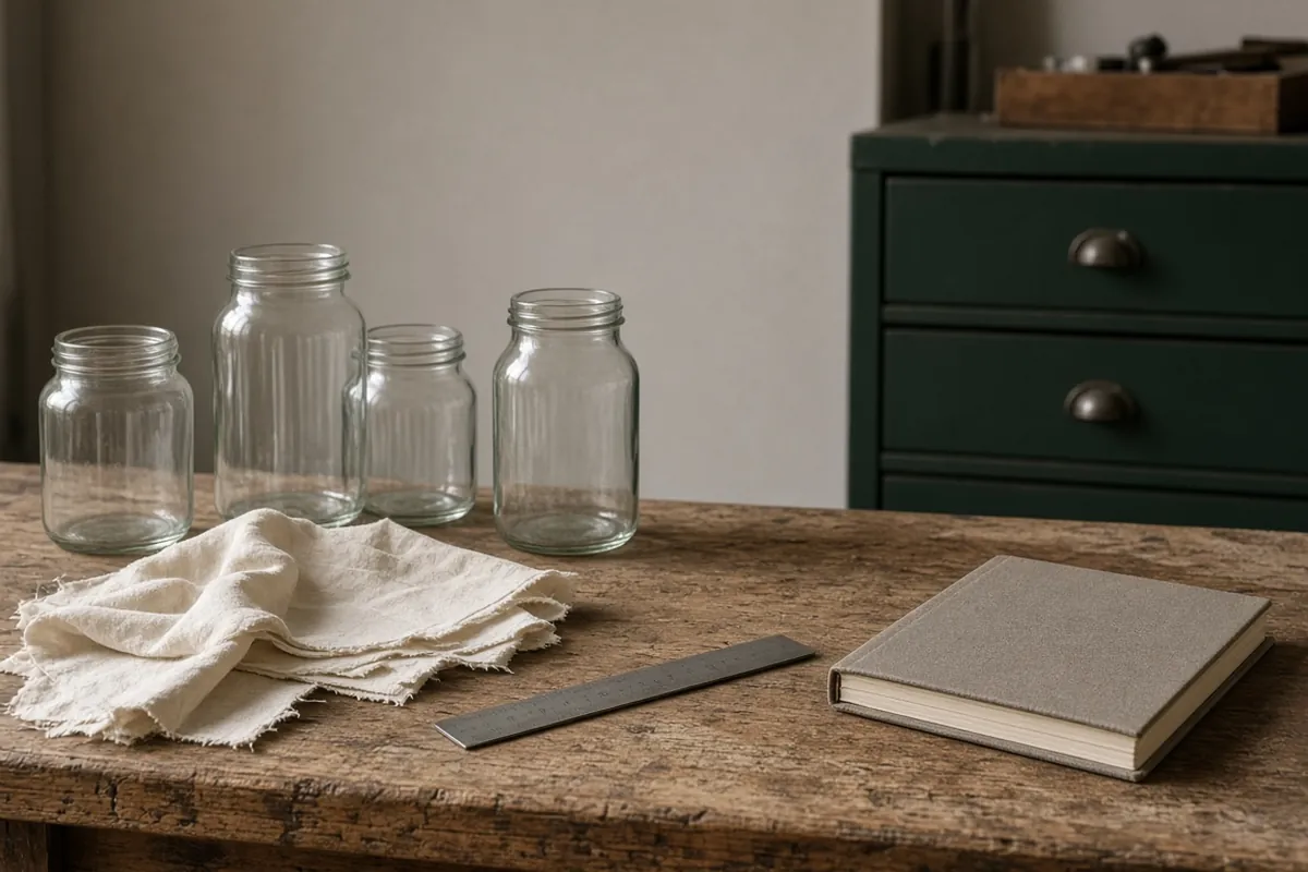 A workshop bench with cloth, a closed notebook and unlabeled jars